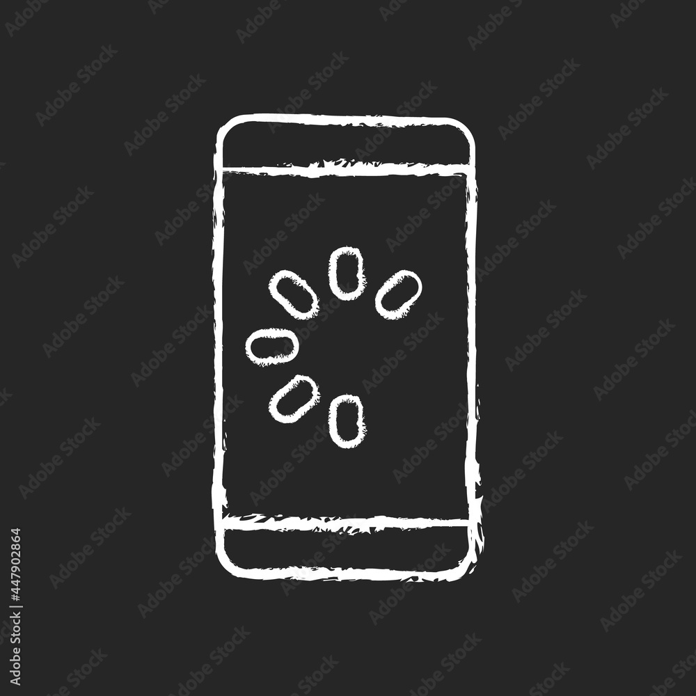 Slow phone chalk white icon on dark background. Speed up mobile phone. Lagging and freezing issue. Cellphone speed malfunction. System failure reason. Isolated vector chalkboard illustration on black