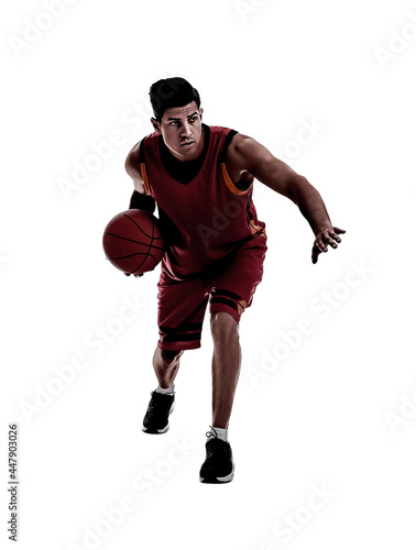 Silhouette of professional sportsman playing basketball on white background © New Africa
