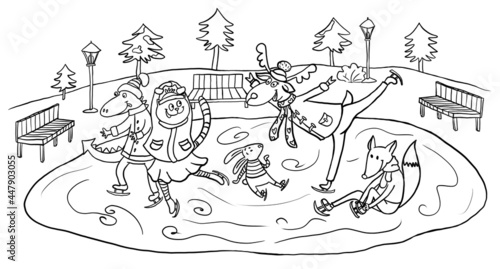 
Winter holidays. Ice rink at the park. Different animal characters ice skating together. Coloring book page. Fun cartoon illustration isolated on a white background. 