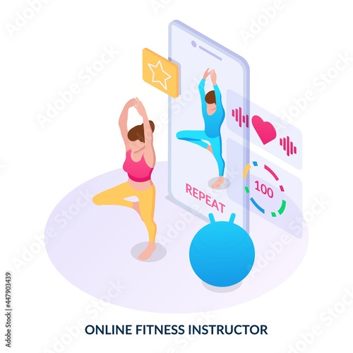 Girl goes in for sports using the phone. Isometric vector illustration on white background
