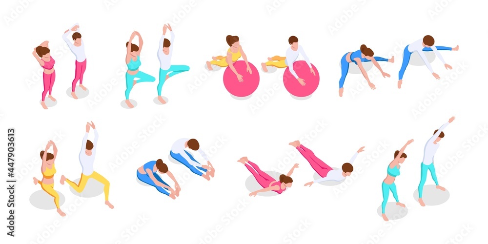  Activities at home, in pairs, healthy lifestyle. Isometric vector illustration isolated on white background. 