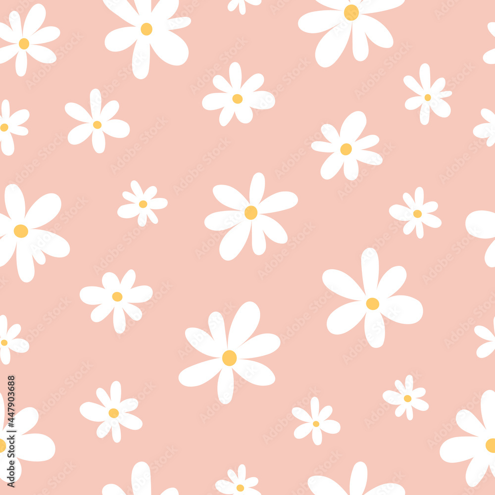Seamless pattern of white chamomiles on a pink background in a flat style Seamless pattern of white chamomiles on a pink background in a flat style