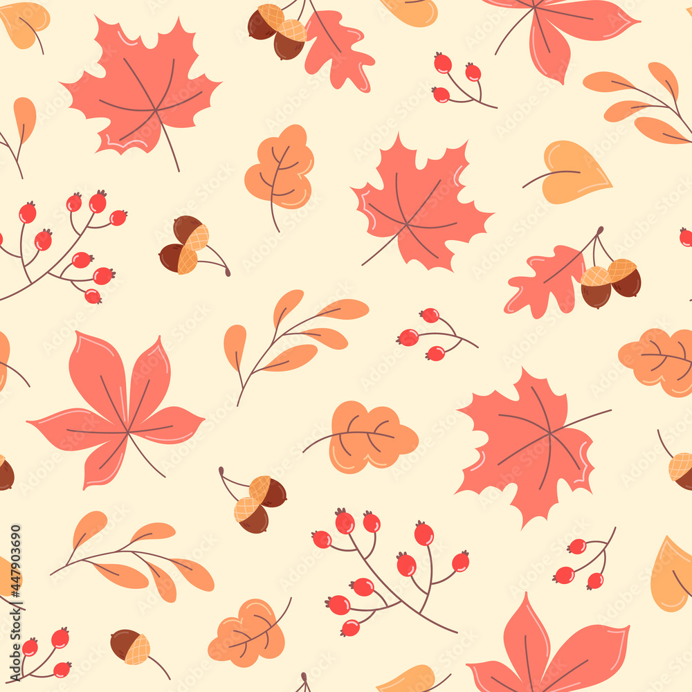 Autumn seamless pattern of orange leaves, acorns and branches Autumn seamless pattern of orange leaves, acorns and branches