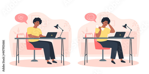 Productive employee and confused angry employee, productivity and problem solving throughout the day