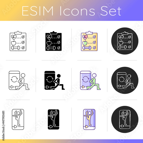 Online fitness gymnastic trends icons set. Individual welness program. Stretching and circuit training. Self-improvment. Linear, black and RGB color styles. Isolated vector illustrations