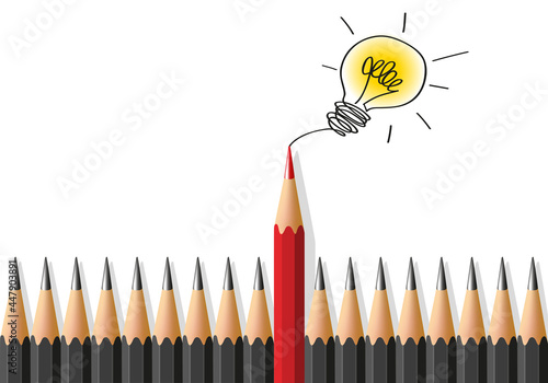 Concept de l’idée et du brainstorming, avec un crayon rouge qui et sortant du lot dessine le symbole d’une ampoule.