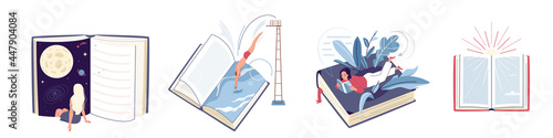 Read book concept design set vector illustration. Collection of man and woman reading literature, immersing at space world, sea. Isolated on white background in simple flat minimal style