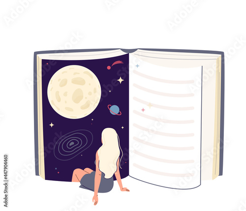 Young woman immersion to the book universe. Girl sits with her legs plunged into the space. Reading concept, literature vector background. Studying, education design illustration in simple flat style