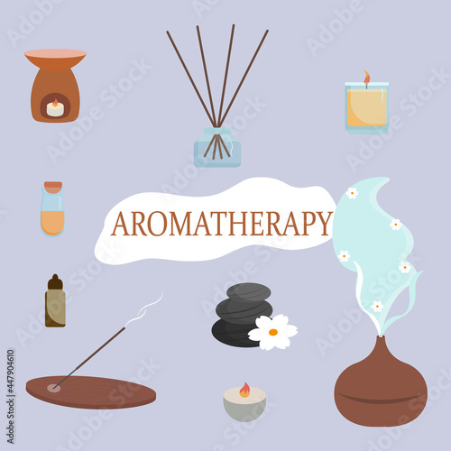Aromatherapy accessories. Essential oils, aroma diffuser, burning candles, stones, white aroma flowers, reed diffuser, burning incense sticks, SPA products.