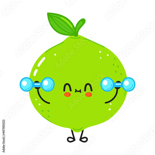 Cute funny lime  character with dumbbells. Vector hand drawn cartoon kawaii character illustration icon. Isolated on white background. Lime character gym concept