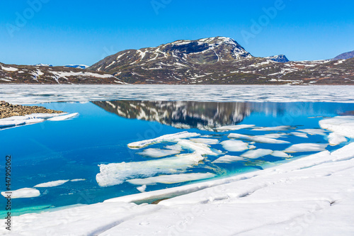 Frozen turquoise lake Vavatn panorama in summer landscape Hemsedal Norway. photo