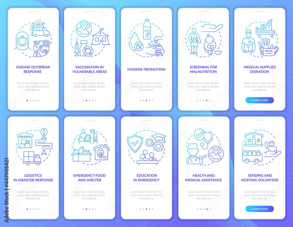Naklejka premium Humanitarian aid review onboarding mobile app page screen. Healthcare in emergency walkthrough 10 steps graphic instructions with concepts. UI, UX, GUI vector template with linear color illustrations