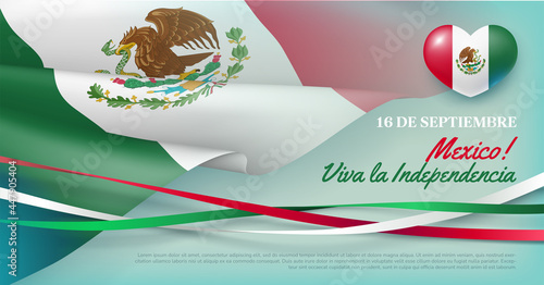 Happy Independence day of Mexico wavy flag card. 16 de Septiembre Viva La Independencia Mexico invitation, greeting card with Mexican waving national flag vector realistic illustration