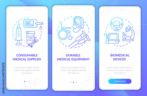Durable medical equipment onboarding mobile app page screen. Charity items walkthrough 3 steps graphic instructions with concepts. UI, UX, GUI vector template with linear color illustrations