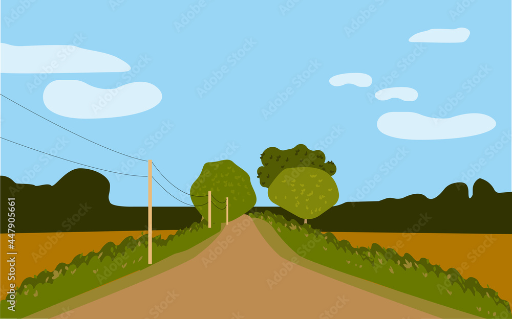 Straight empty road through the countryside Green hills, blue sky, meadow. Straight empty road through the countryside Green hills, blue sky, meadow.