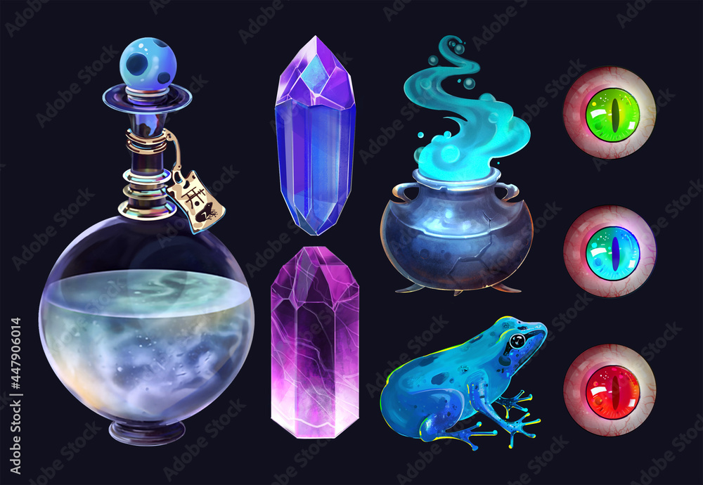 Obraz premium a set of props, a magic potion. frog, cauldron, eyeballs, amethyst, opal, transparent bottle with a label. game items, isolated icons, fantasy illustrations in a casual style.
