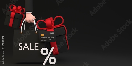 Black friday sale horizontal banner with copy space.Human cartoon hand with gift boxes, shopping bag, debit card and percentage sign. Black friday background. 3d render illustration
