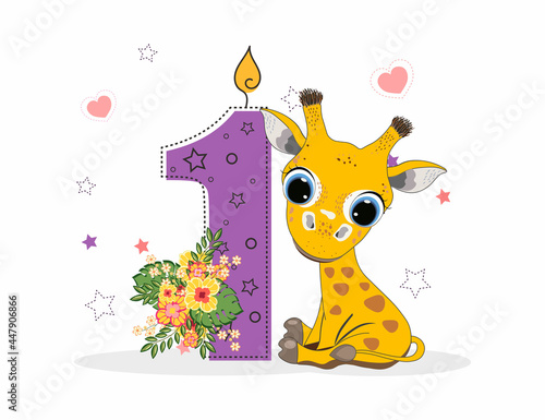 Cute Cartoon little giraffe with number one. Perfect for greeting cards, party invitations, posters, stickers, pin, scrapbooking, icons.