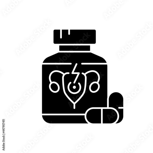 Pills for period cramps black glyph icon. Relieve painful menstruation. Anti-inflammatory drug. Calming abdominal cramping. Silhouette symbol on white space. Vector isolated illustration