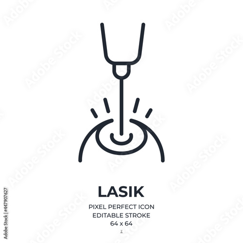 Lasik laser eye surgery editable stroke outline icon isolated on white background flat vector illustration. Pixel perfect. 64 x 64.
