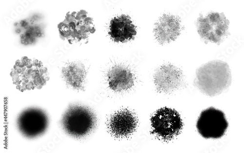 Ink and watercolor splash black monochrome collection isolated on white background vector illustration.