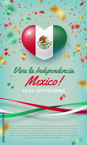 Happy independence day of Mexico heart shaped flag. 16 de Septiembre Viva La Independencia Mexico vertical banner, card with Mexican national flag of glossy heart shape vector realistic illustration