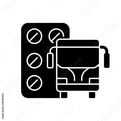 Pills for motion sickness black glyph icon. Nausea and vomiting reducing. Preventing travel sickness. Cure dizziness, vomiting. Silhouette symbol on white space. Vector isolated illustration