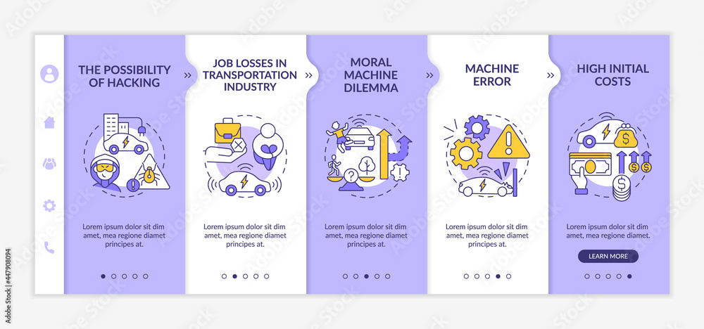 Driverless harms onboarding vector template. Responsive mobile website with icons. Web page walkthrough 5 step screens. Autonomous vehicle bad sides color concept with linear illustrations