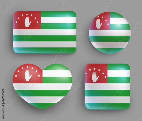 Set of glossy buttons with Abkhazia country flag. Transcaucasia country national flag, shiny geometric shape badges. Abkhazia symbols in patriotic colors realistic vector illustration