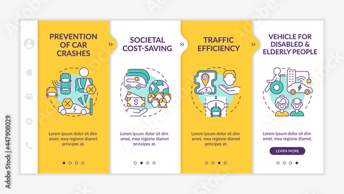 Vehicle for disabled and elderly people onboarding vector template. Responsive mobile website with icons. Web page walkthrough 4 step screens. EVs social care color concept with linear illustrations