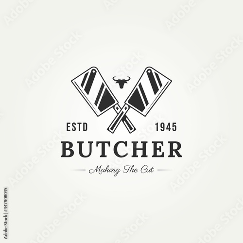 vintage butcher shop with cross cleaver knife and bull head badge logo template vector illustration design. retro classic typography steak house, farm and restaurant emblem logo concept