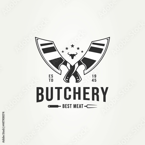 vintage butchery shop with crossed cleaver knives, bull head, and fork badge logo template vector illustration design. classic retro typography steak house, farm and restaurant emblem logo concept
