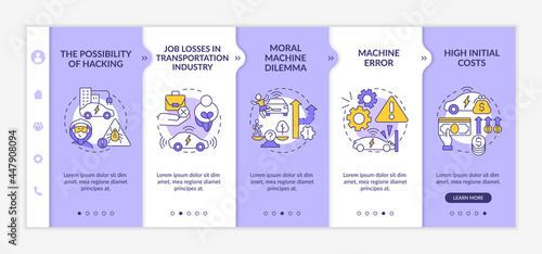 Driverless harms onboarding vector template. Responsive mobile website with icons. Web page walkthrough 5 step screens. Autonomous vehicle bad sides color concept with linear illustrations