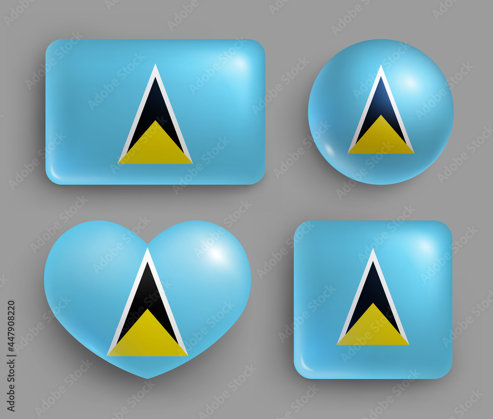 Set of glossy buttons with Saint Lucia country flag. American Island state national flag, shiny geometric shape badges. Saint Lucia symbols in patriotic colors realistic vector illustration Set of glossy buttons with Saint Lucia country flag. American Island state national flag, shiny geometric shape badges. Saint Lucia symbols in patriotic colors realistic vector illustration