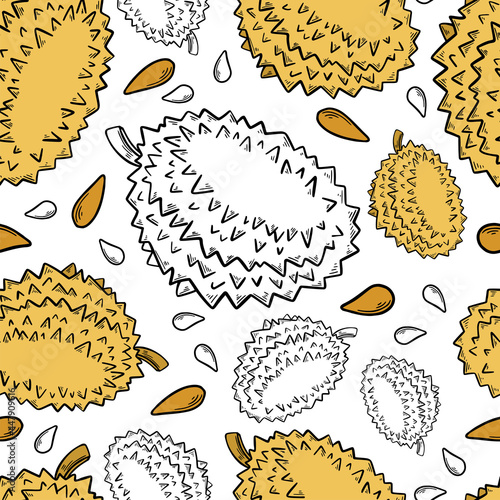 Yellow durian hand drawn seamless pattern in color and black outlines on white background for textile, print, background, highlights. Vector illustration