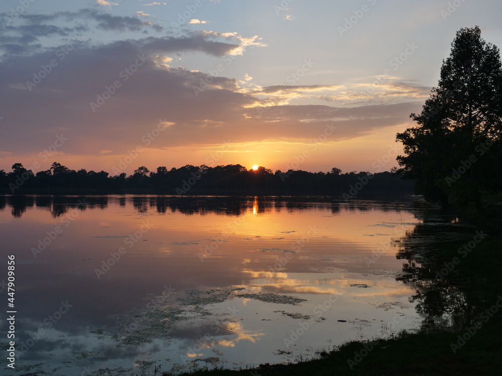 sunset over lake in bagan, burma