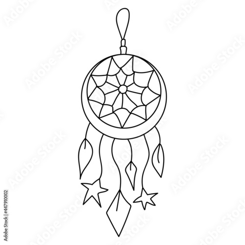 Black outline dream catcher in modern boho style. Vector magic illustrations. Hand drawn mystical line art isolated on white background.