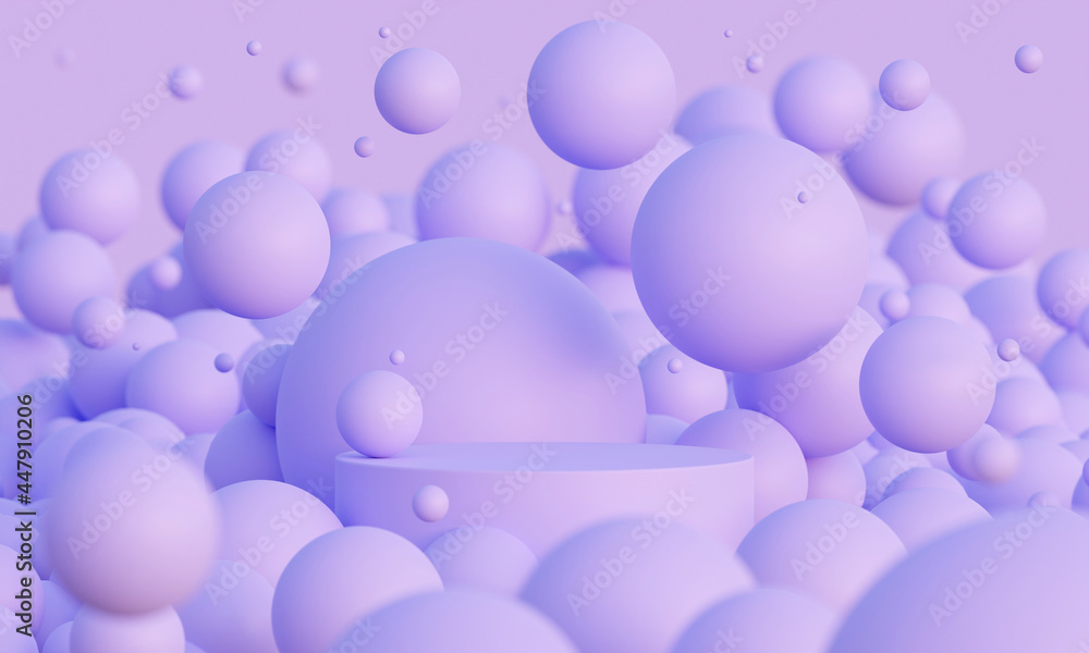Light lavender 3d mock up podium with flying spheres or balls in purple. Bright stylish contemporary Abstract Modern platform for product or cosmetics presentation. Render scene with geometric shapes.