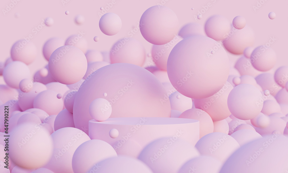 Light pink 3d mock up podium with flying spheres or balls in powder pink. Bright stylish contemporary abstract 3D background for product or cosmetics presentation. Render scene with geometric shapes.