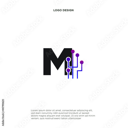 letter M abstract logo design symbol letter mark technology, dot, computer, data, internet. premium vector.