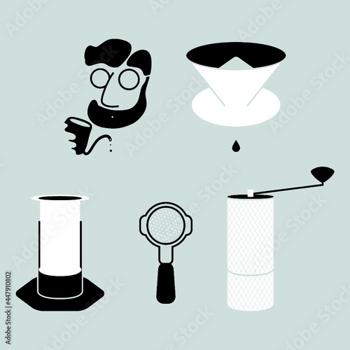 set of barista and coffee brewing equipment vector, black and white graphic design