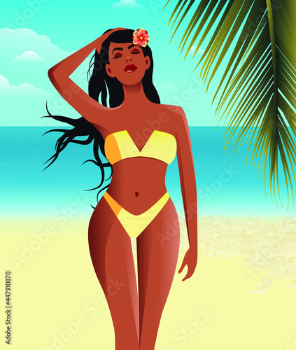 Digital illustration of a girl with long hair in a beautiful bikini and a flower in her hair sunbathes on vacation in the summer on the beach surrounded by palm trees