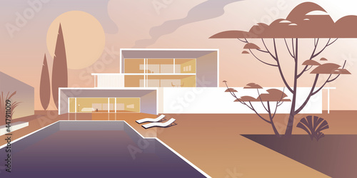 Contemporary residential architecture, abstract flat vector illustration in pastel Orange shades. Drawing for landing page mockup, advertising booklet design or banner.