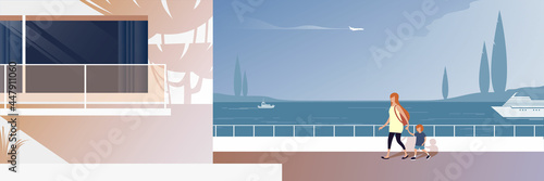 Dam house. Contemporary residential architecture, abstract flat vector illustration in pastel pink shades. Background for landing page mockup, advertising booklet design or banner.