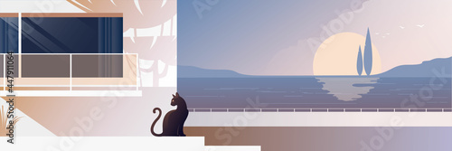 House on the waterfront. Contemporary residential architecture, abstract flat vector illustration in pastel pink shades. Background for landing page mockup, advertising booklet design or banner.