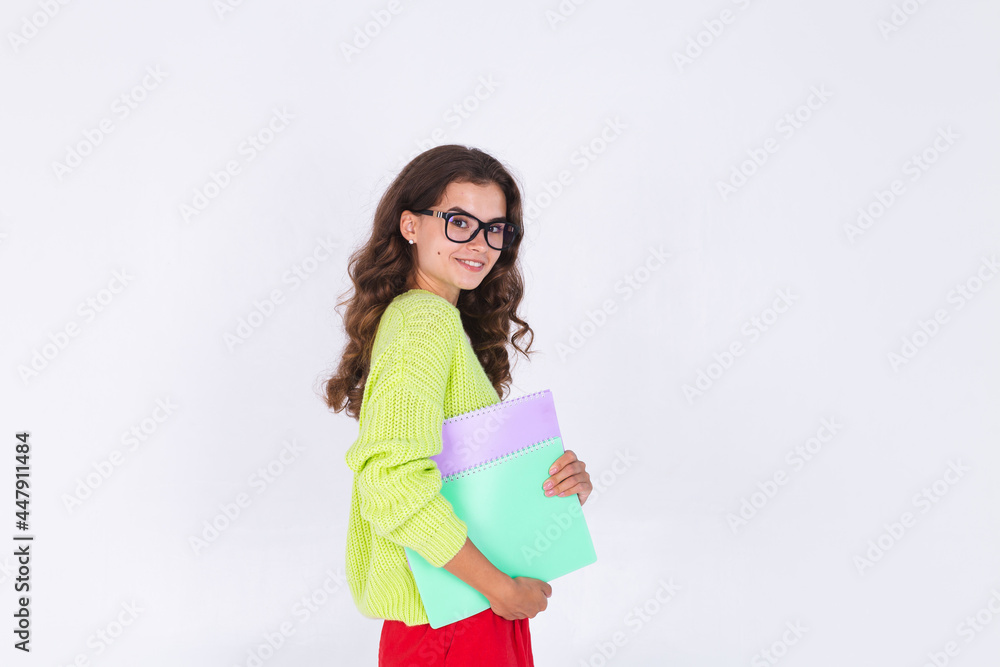 Young beautiful woman with freckles light makeup in sweater on white background eyes glasses and notebooks cheerful happy smile Young beautiful woman with freckles light makeup in sweater on white background eyes glasses and notebooks cheerful happy smile