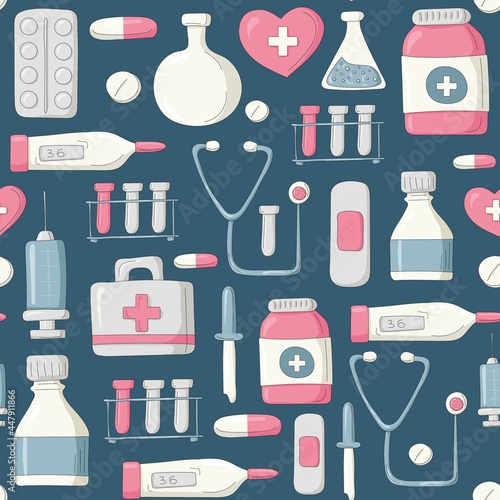 Pattern of medical tools objects on a dark background.