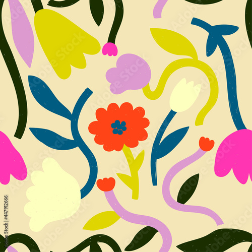 Bright modern pattern with colorful flowers. Cute naive print for textile, dresses, wallpaper and ect.