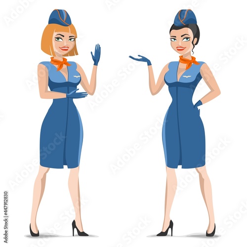 beautiful cartoon stewardesses in uniform calling to fly