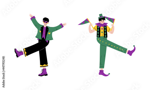 Man in Bright Costume for Circus Show or Entertaining Performance Vector Set